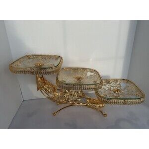 Luxury Dessert Fruit Tray 3 Glass Tiers Gold Tone Centerpiece Display Stand Glam